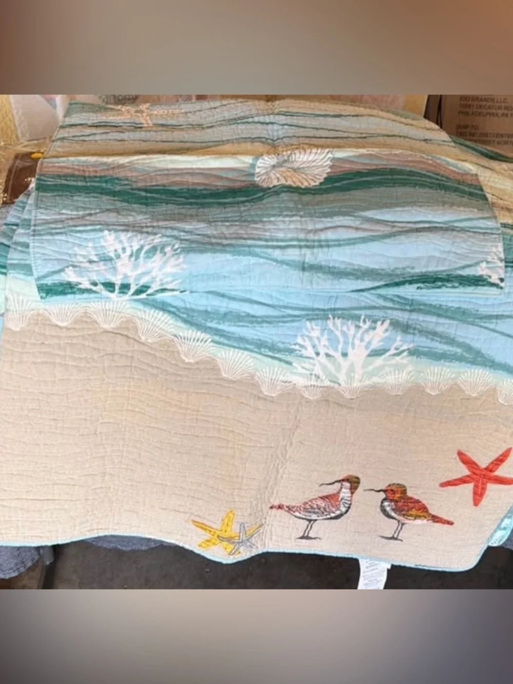Coastal Shoreline Quilt - Blue and Cream Beach Design with Window Panels